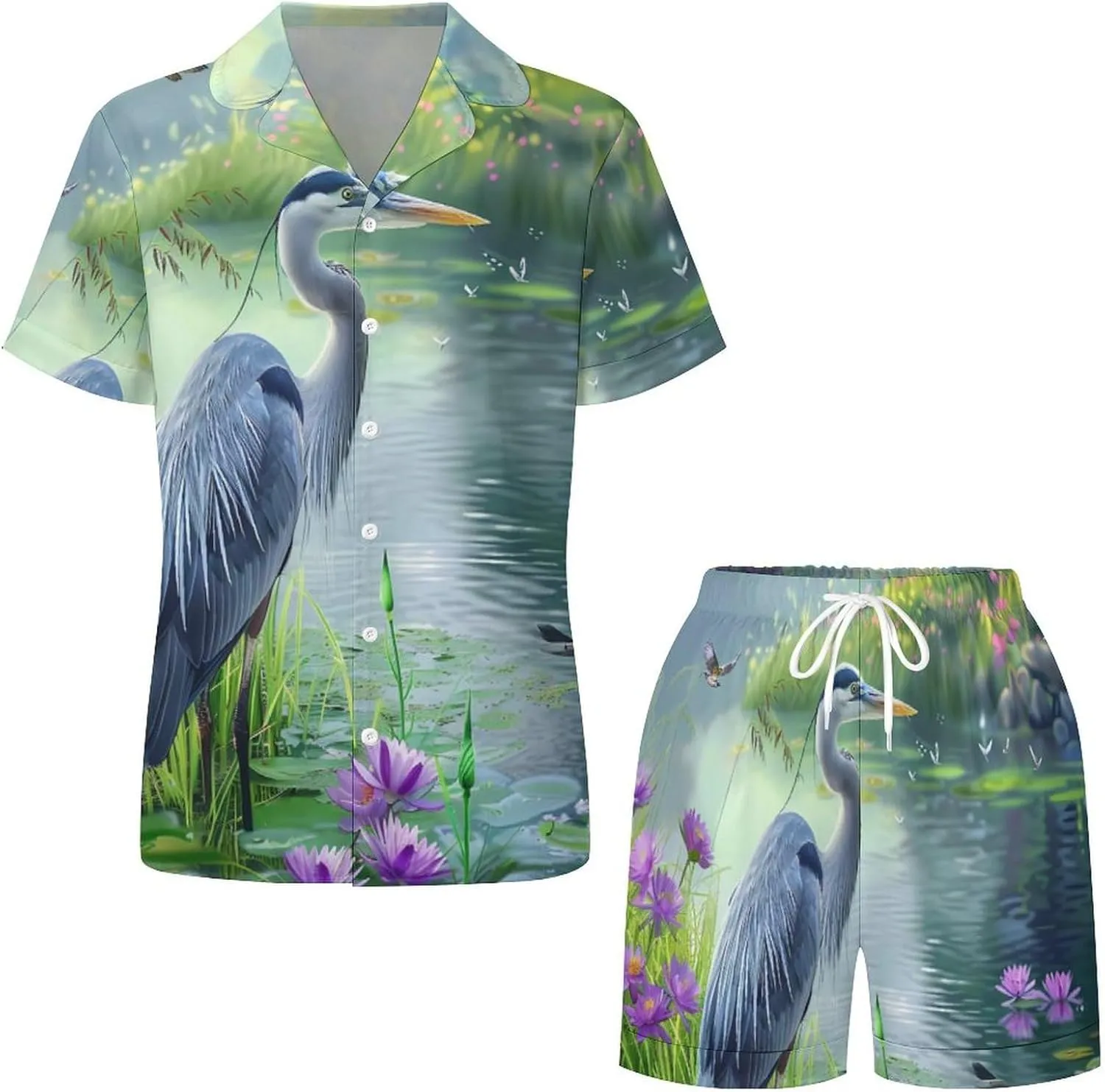 Biding Time Great Blue Heron Women's Satin Pajama Set Short Sleeve Button Down Sleepwear Loungewear Pj Set