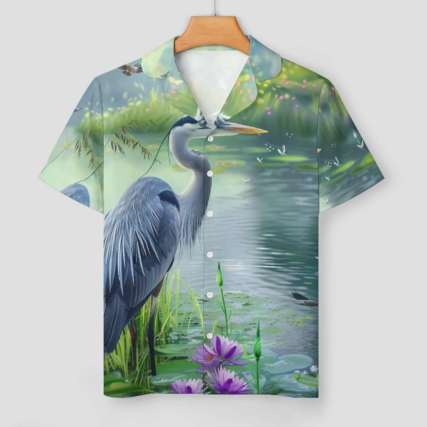 Biding Time Great Blue Heron Women's Satin Pajama Set Short Sleeve Button Down Sleepwear Loungewear Pj Set