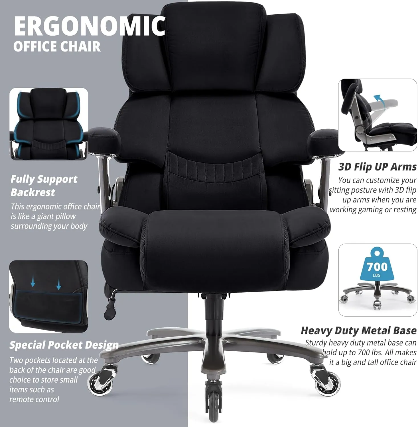 Big and Tall Office Chair 700lbs- Fabric High Back Executive Computer Chair with Adjustable Lumbar Support 3D Flip Arms Plus Size Rubber Wheels- Extra Wide Large Desk Chairs, Heavy Duty Metal Base