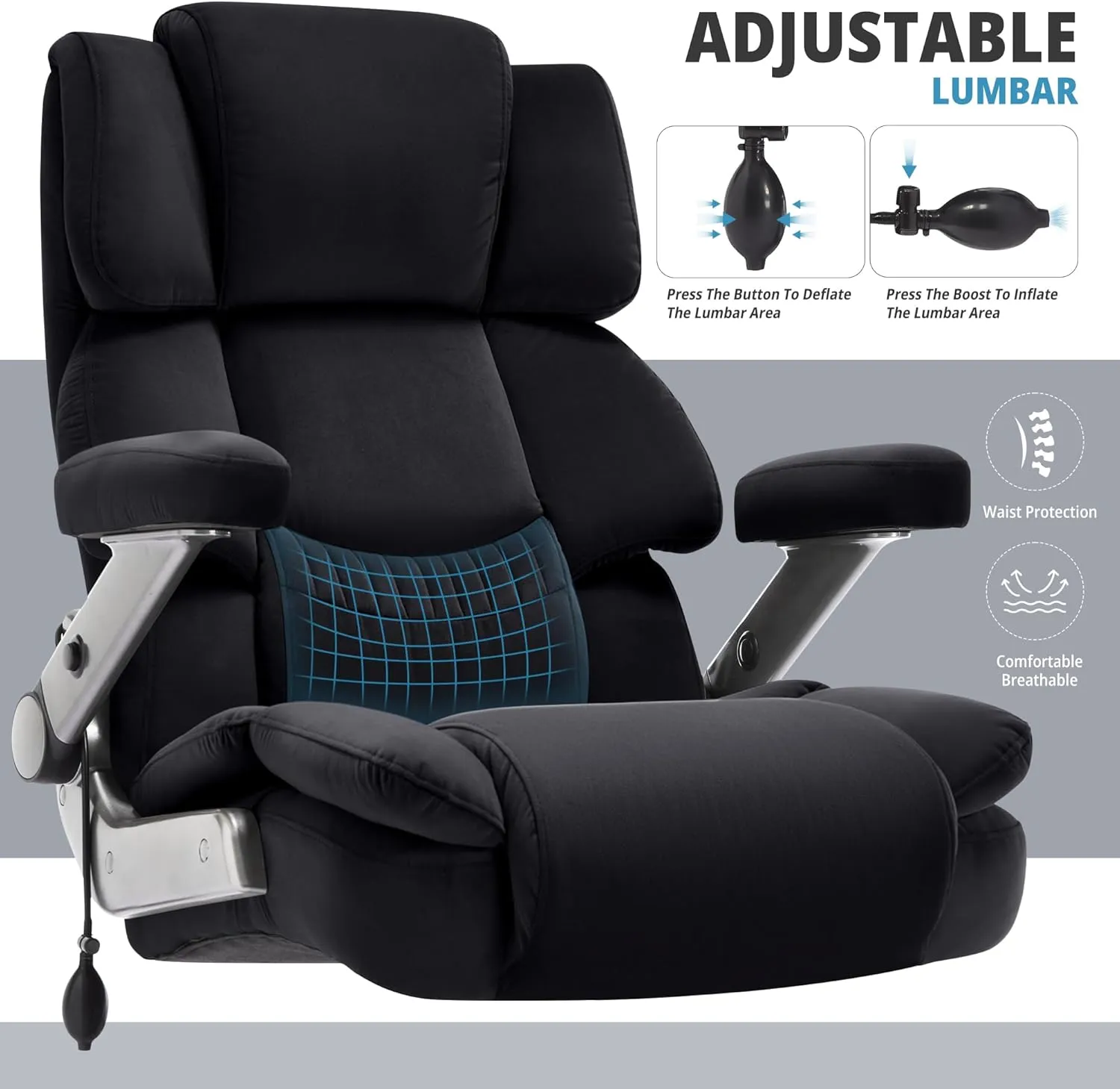 Big and Tall Office Chair 700lbs- Fabric High Back Executive Computer Chair with Adjustable Lumbar Support 3D Flip Arms Plus Size Rubber Wheels- Extra Wide Large Desk Chairs, Heavy Duty Metal Base
