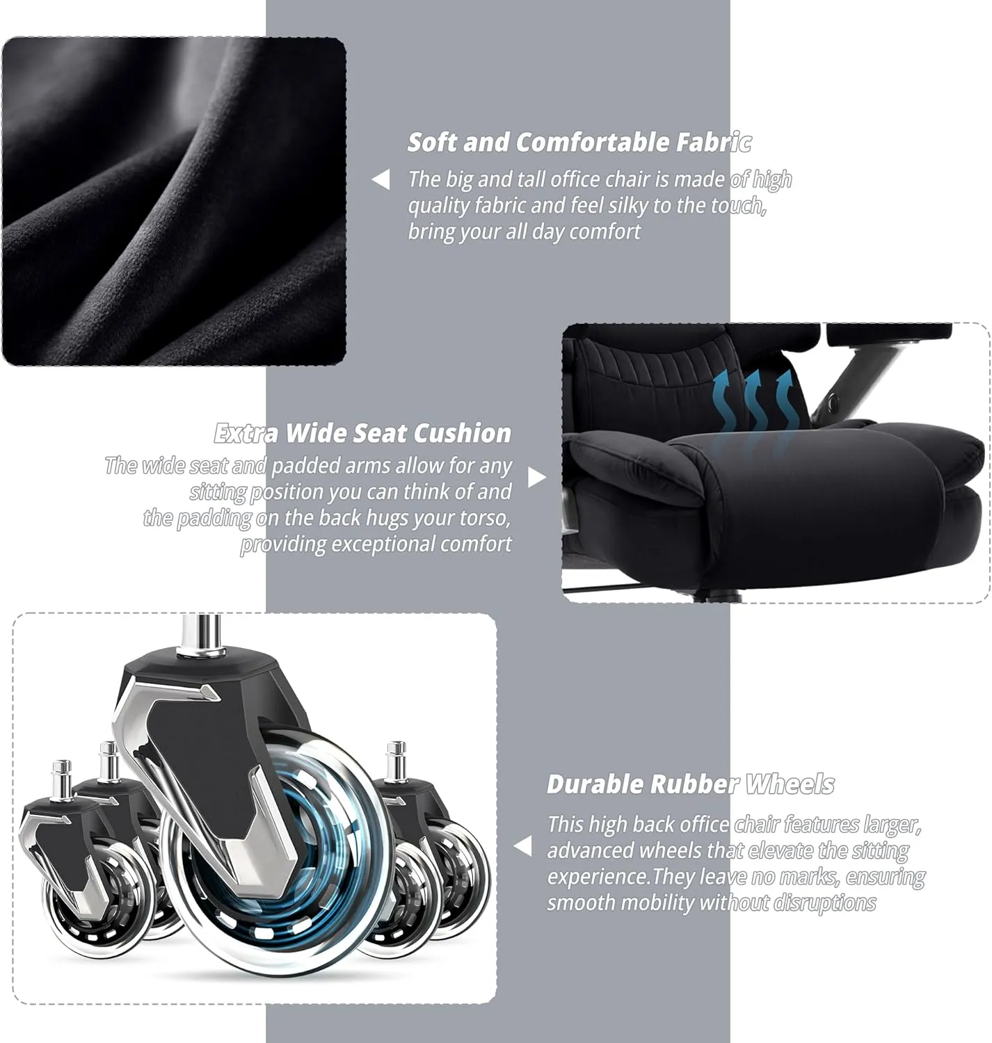 Big and Tall Office Chair 700lbs- Fabric High Back Executive Computer Chair with Adjustable Lumbar Support 3D Flip Arms Plus Size Rubber Wheels- Extra Wide Large Desk Chairs, Heavy Duty Metal Base