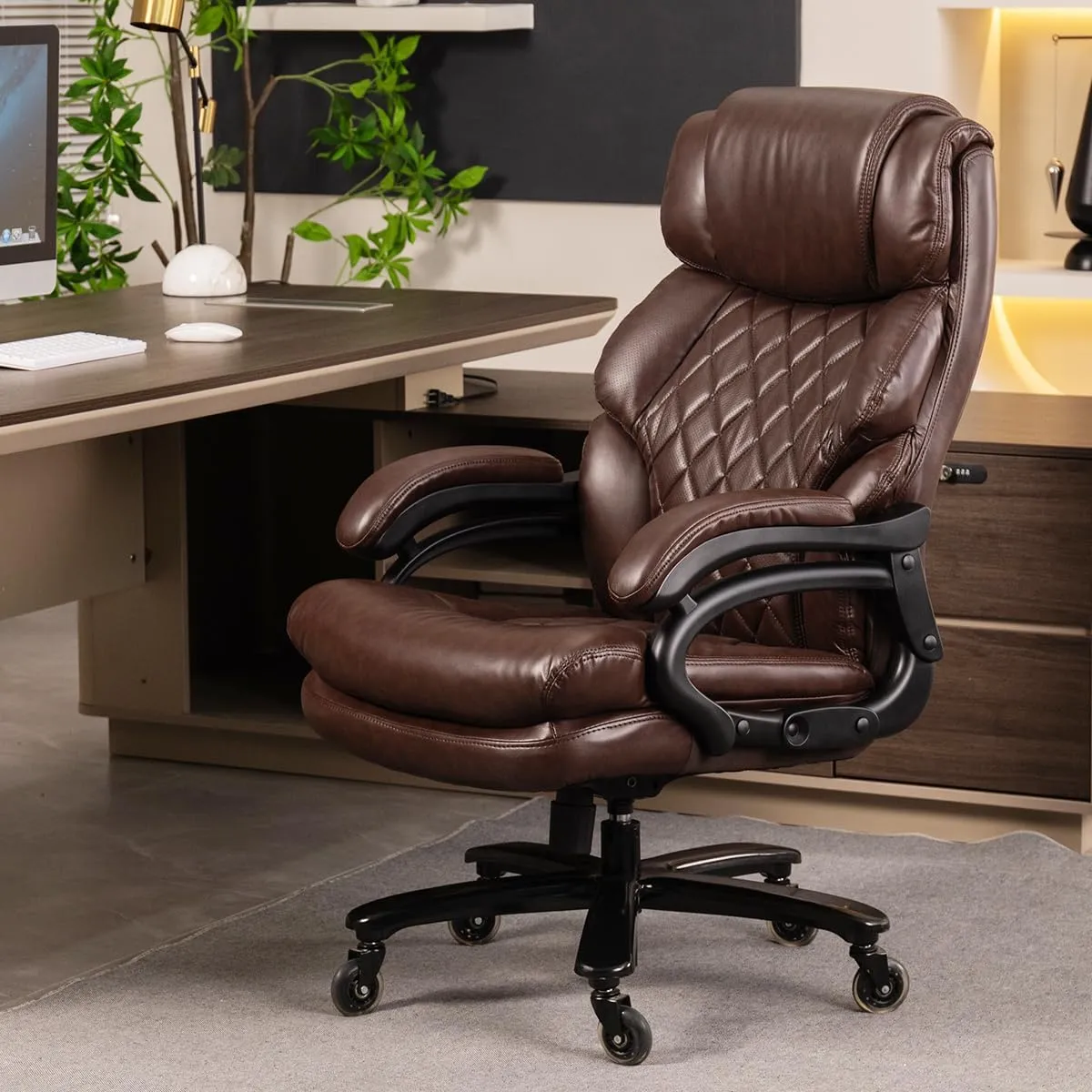 Big and Tall Office Chair for Heavy People, Executive Office Chair, 360 Swivel, Heavy Duty Casters, Brown