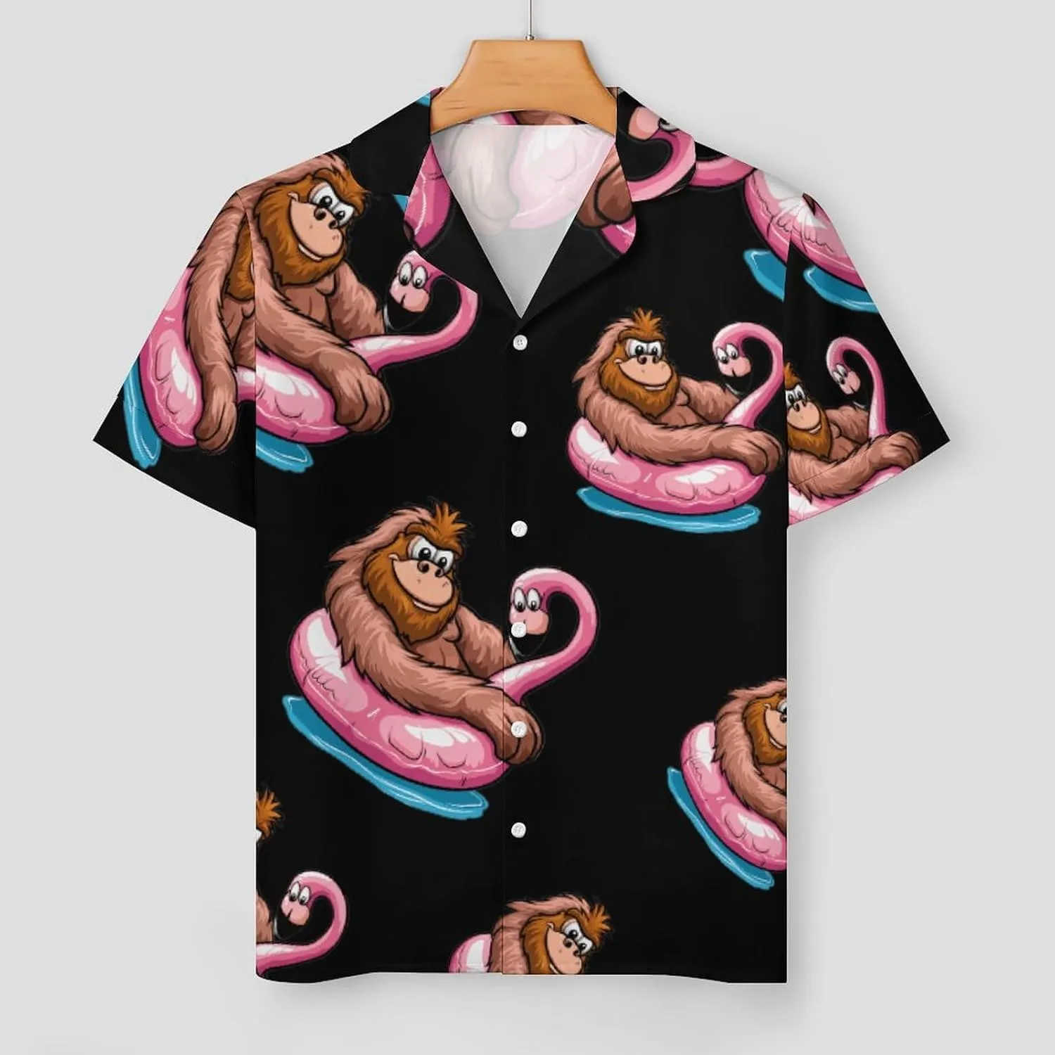 Bigfoot Sasquatch Pool Party Flamingo Women's Satin Pajama Set Short Sleeve Button Down Sleepwear Loungewear Pj Set