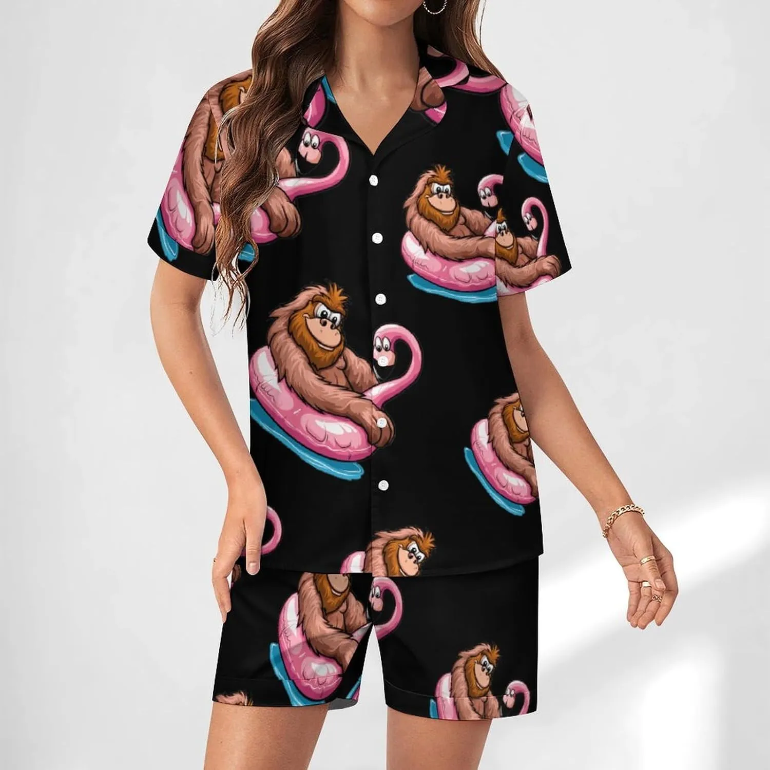 Bigfoot Sasquatch Pool Party Flamingo Women's Satin Pajama Set Short Sleeve Button Down Sleepwear Loungewear Pj Set