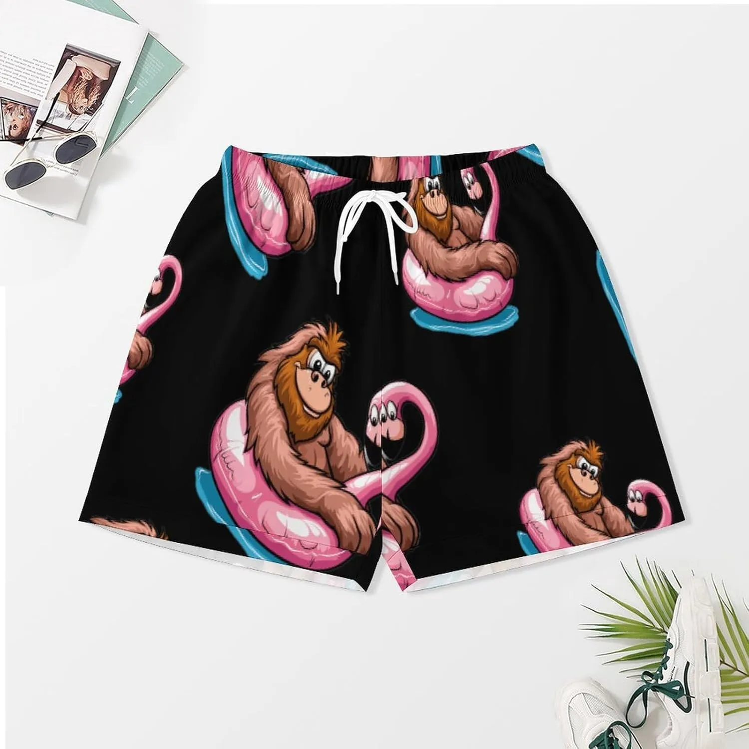 Bigfoot Sasquatch Pool Party Flamingo Women's Satin Pajama Set Short Sleeve Button Down Sleepwear Loungewear Pj Set