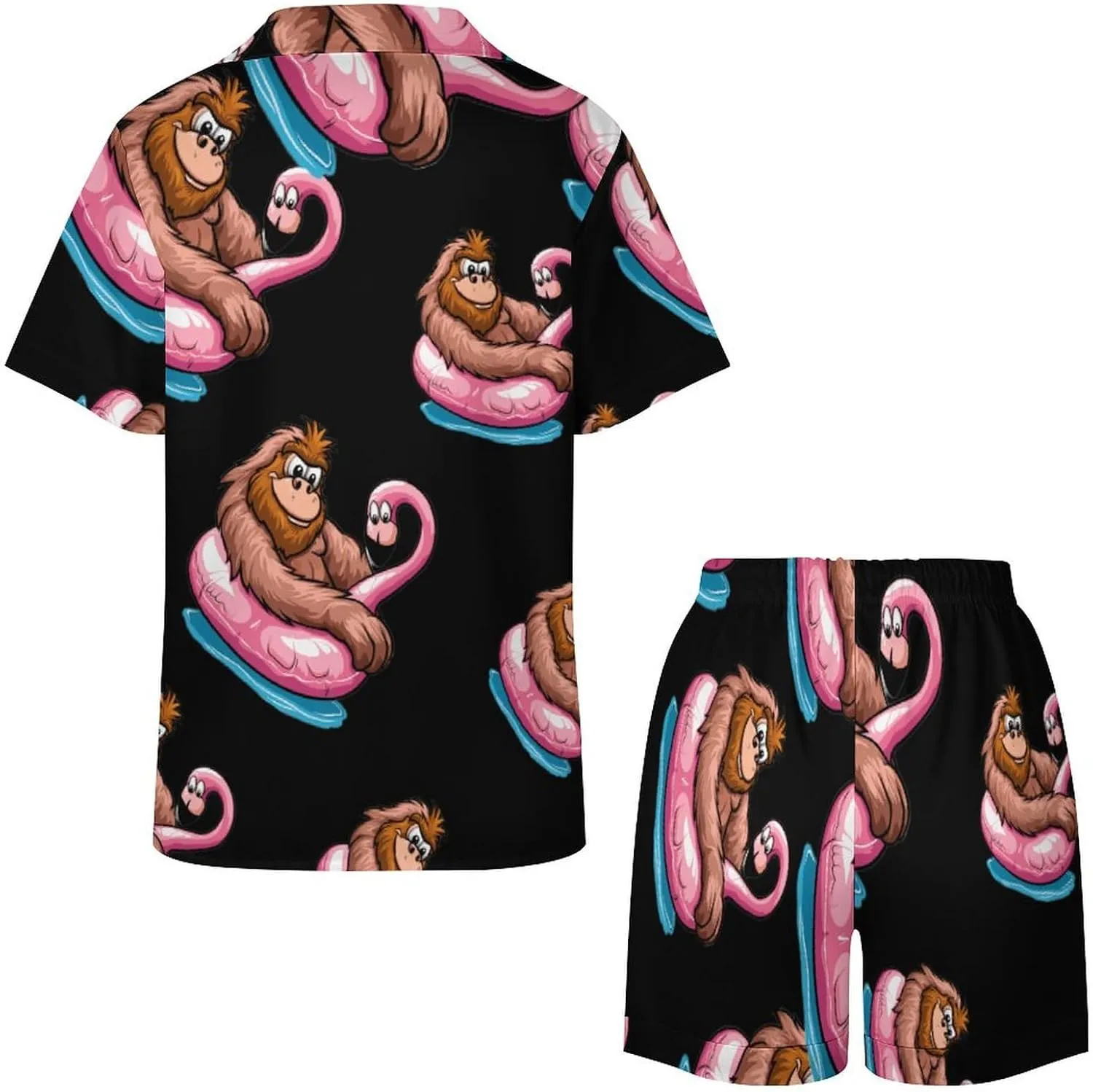 Bigfoot Sasquatch Pool Party Flamingo Women's Satin Pajama Set Short Sleeve Button Down Sleepwear Loungewear Pj Set