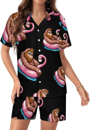 Bigfoot Sasquatch Pool Party Flamingo Women's Satin Pajama Set Short Sleeve Button Down Sleepwear Loungewear Pj Set
