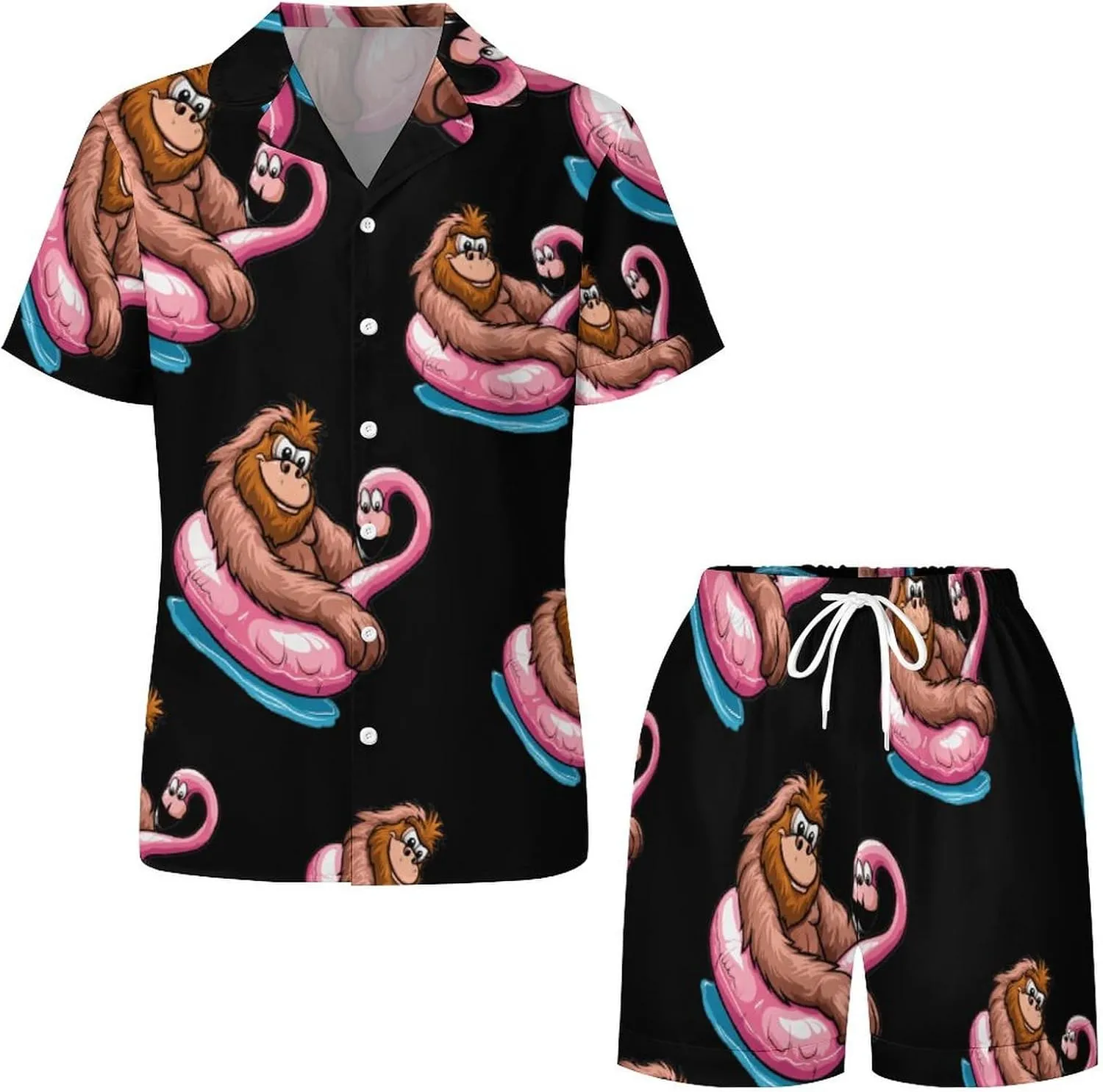 Bigfoot Sasquatch Pool Party Flamingo Women's Satin Pajama Set Short Sleeve Button Down Sleepwear Loungewear Pj Set