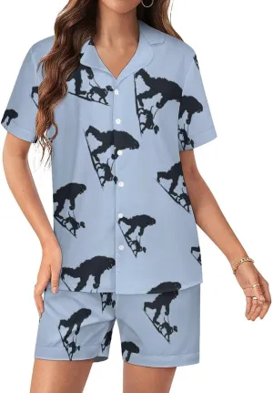 Bigfoot Walking Dachshund Women's Satin Pajama Set Short Sleeve Button Down Sleepwear Loungewear Pj Set