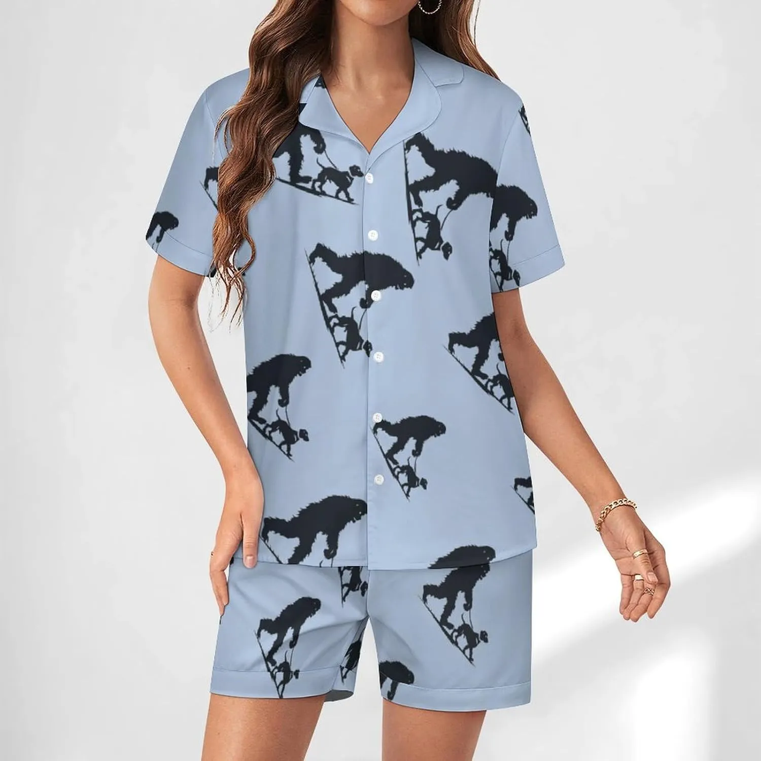 Bigfoot Walking Dachshund Women's Satin Pajama Set Short Sleeve Button Down Sleepwear Loungewear Pj Set