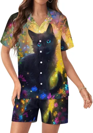 Black Cat Women's Satin Pajama Set Short Sleeve Button Down Sleepwear Loungewear Pj Set