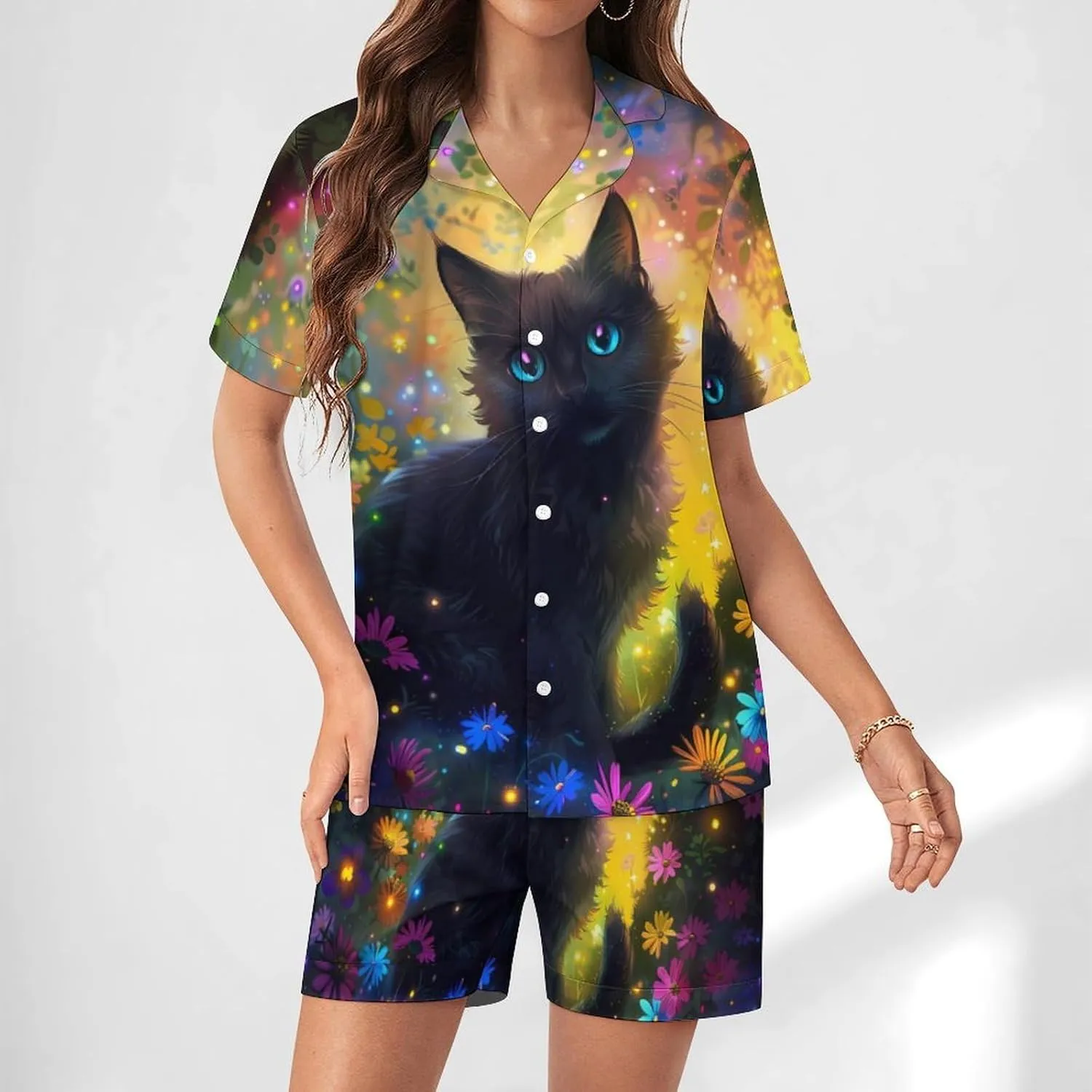 Black Cat Women's Satin Pajama Set Short Sleeve Button Down Sleepwear Loungewear Pj Set