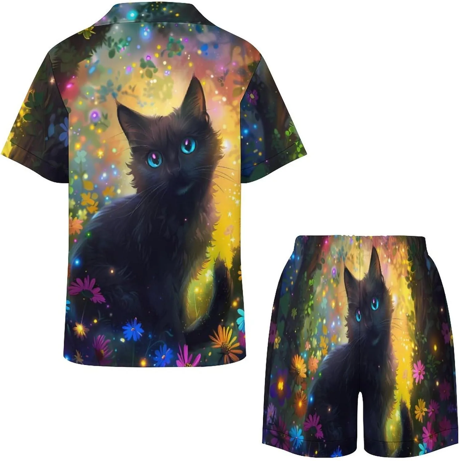 Black Cat Women's Satin Pajama Set Short Sleeve Button Down Sleepwear Loungewear Pj Set