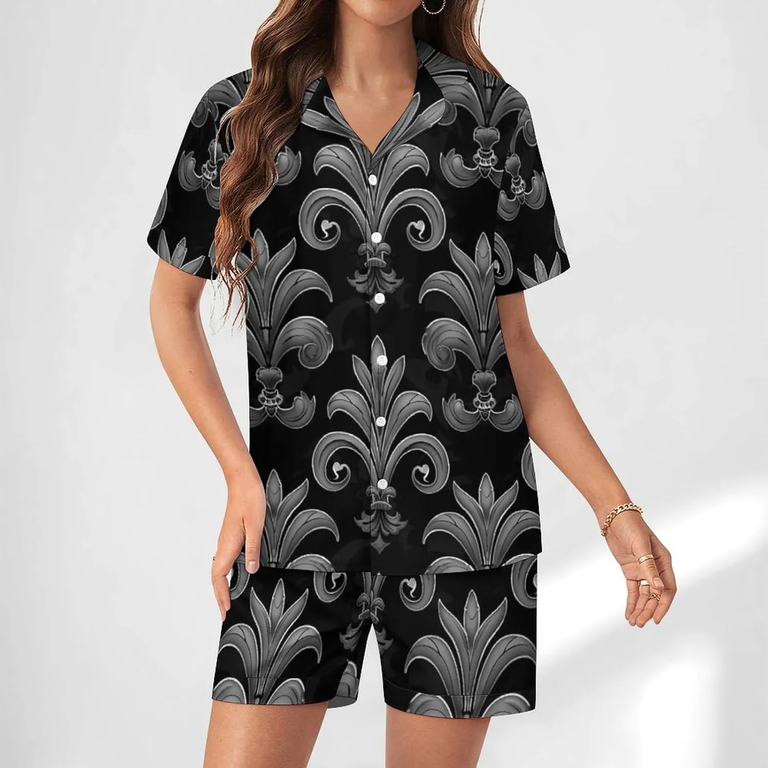 Black Grey Fleur De Lis Flowers Women's Satin Pajama Set Short Sleeve Button Down Sleepwear Loungewear Pj Set