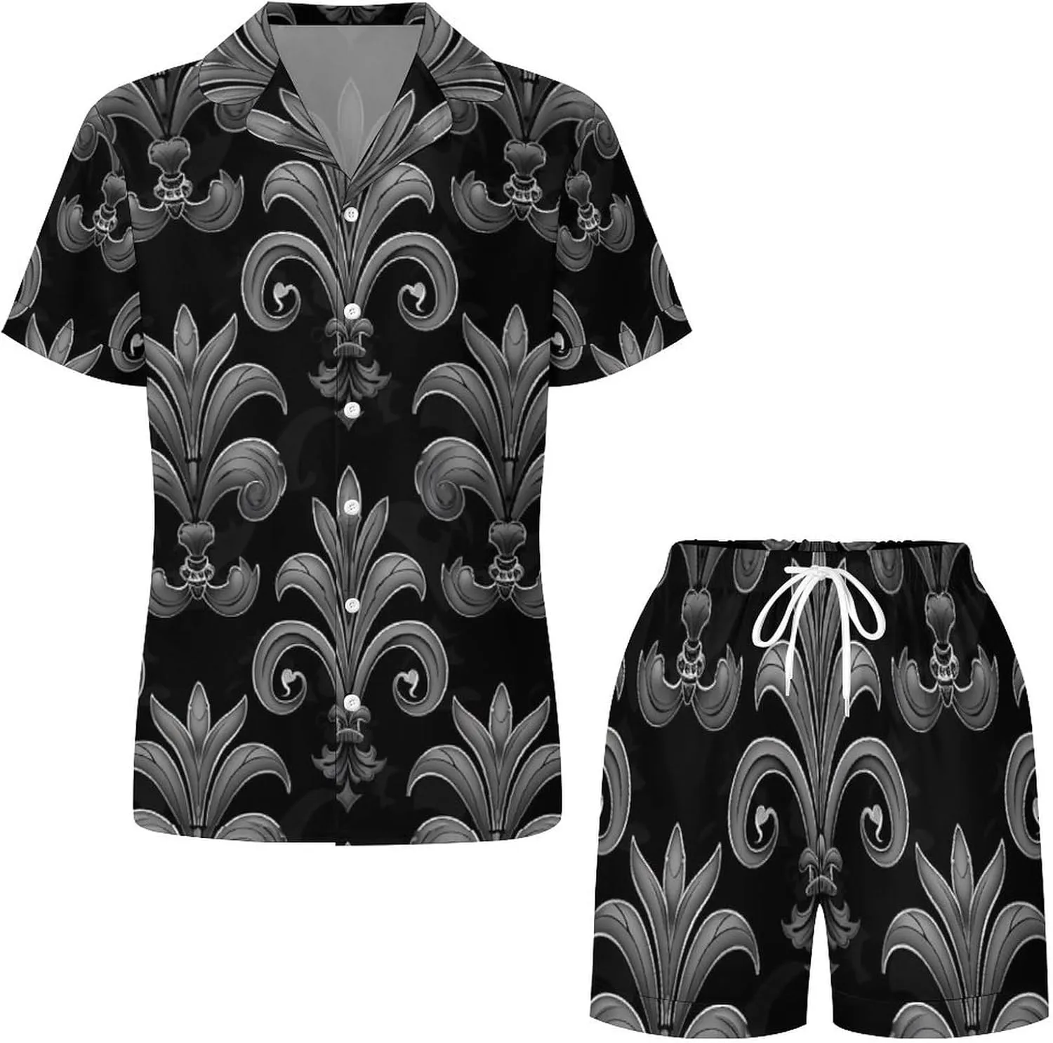 Black Grey Fleur De Lis Flowers Women's Satin Pajama Set Short Sleeve Button Down Sleepwear Loungewear Pj Set