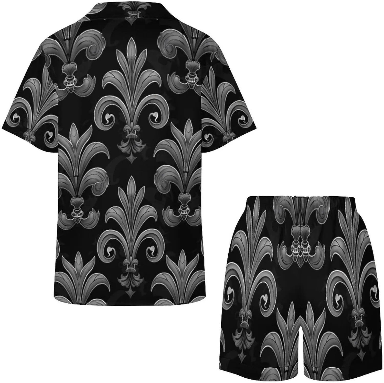 Black Grey Fleur De Lis Flowers Women's Satin Pajama Set Short Sleeve Button Down Sleepwear Loungewear Pj Set