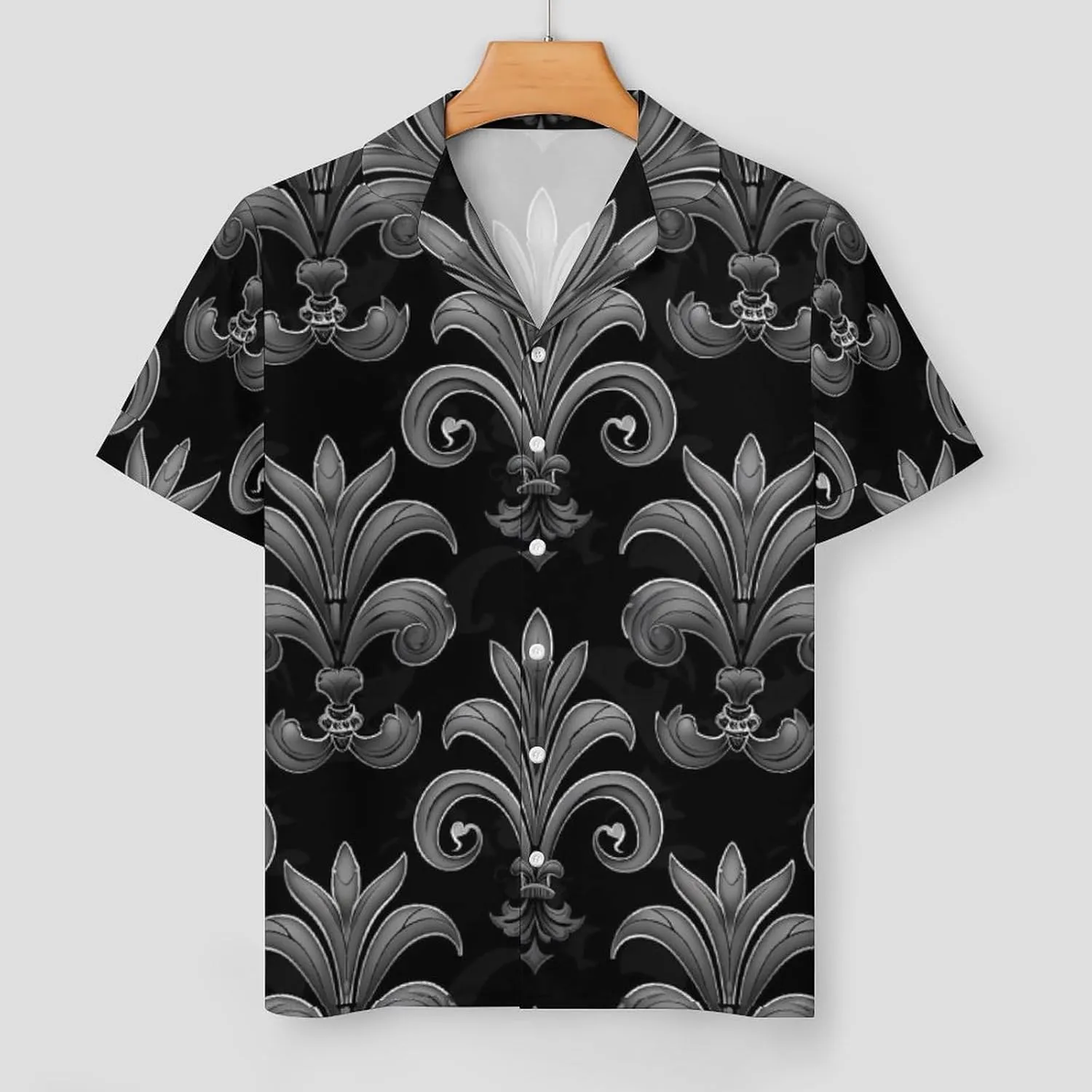 Black Grey Fleur De Lis Flowers Women's Satin Pajama Set Short Sleeve Button Down Sleepwear Loungewear Pj Set