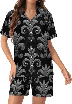 Black Grey Fleur De Lis Flowers Women's Satin Pajama Set Short Sleeve Button Down Sleepwear Loungewear Pj Set