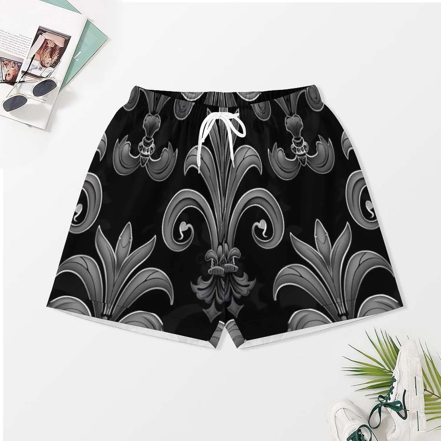 Black Grey Fleur De Lis Flowers Women's Satin Pajama Set Short Sleeve Button Down Sleepwear Loungewear Pj Set