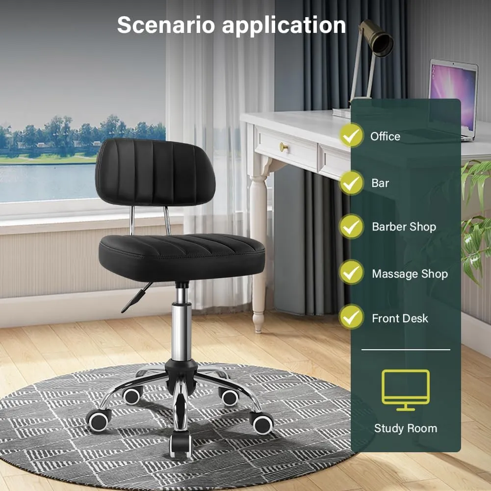 Black Square Swivel Stool with Wheel for Work SPA Shop Massage Height-Adjustable and Cost-Effective Rolling Stool Chair with Back
