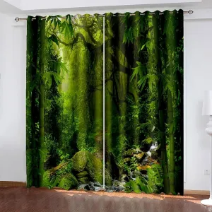 Blackout Curtains Eyelet 84 Inch Long, Thermal Insulated Curtain Drapes Room Darkening Tropical Jungle and Stream Scenery Window Treatment for Light Blocking Green 60 x 84 Inch, 2 Panels