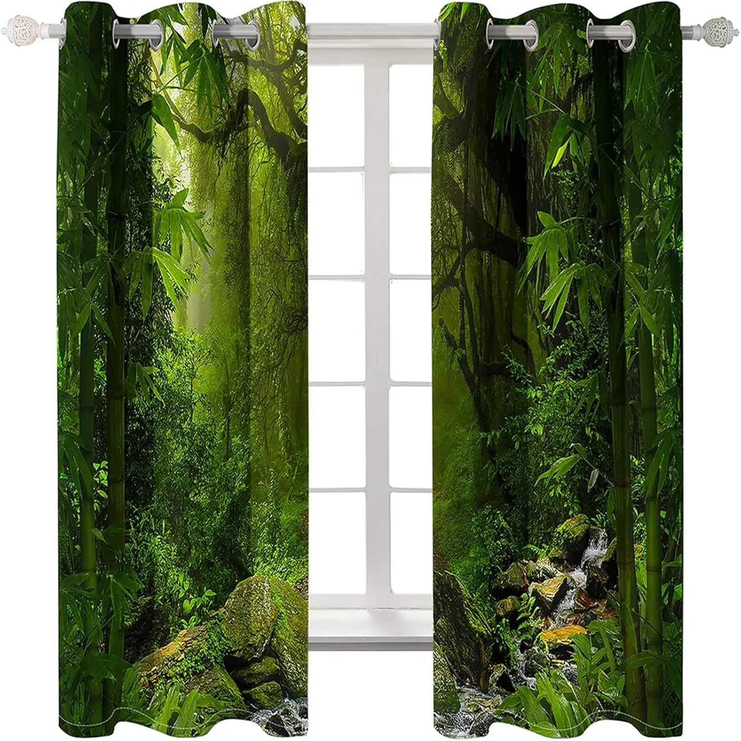 Blackout Curtains Eyelet 84 Inch Long, Thermal Insulated Curtain Drapes Room Darkening Tropical Jungle and Stream Scenery Window Treatment for Light Blocking Green 60 x 84 Inch, 2 Panels