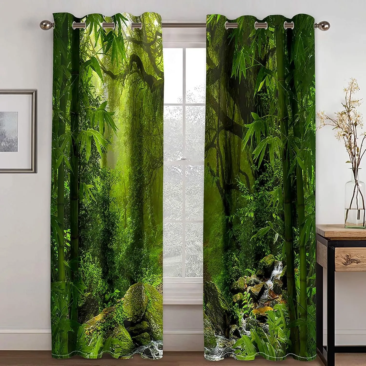 Blackout Curtains Eyelet 84 Inch Long, Thermal Insulated Curtain Drapes Room Darkening Tropical Jungle and Stream Scenery Window Treatment for Light Blocking Green 60 x 84 Inch, 2 Panels