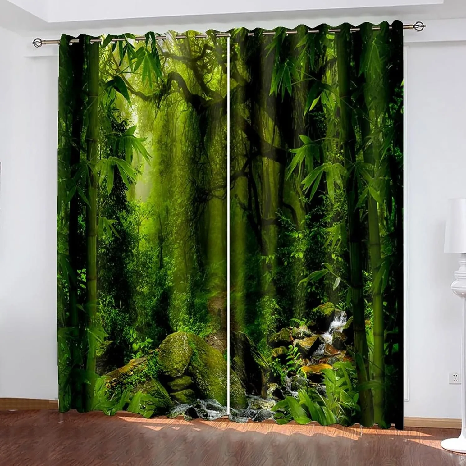 Blackout Curtains Eyelet 84 Inch Long, Thermal Insulated Curtain Drapes Room Darkening Tropical Jungle and Stream Scenery Window Treatment for Light Blocking Green 60 x 84 Inch, 2 Panels