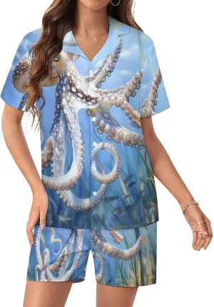 Blue Octopus Ocean Octopus Women's Satin Pajama Set Short Sleeve Button Down Sleepwear Loungewear Pj Set