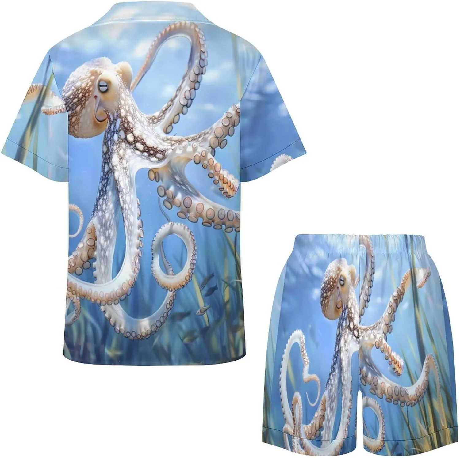 Blue Octopus Ocean Octopus Women's Satin Pajama Set Short Sleeve Button Down Sleepwear Loungewear Pj Set