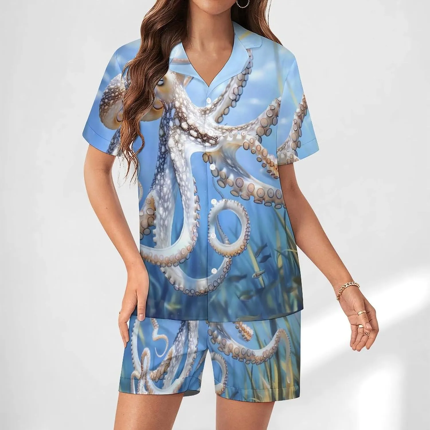 Blue Octopus Ocean Octopus Women's Satin Pajama Set Short Sleeve Button Down Sleepwear Loungewear Pj Set