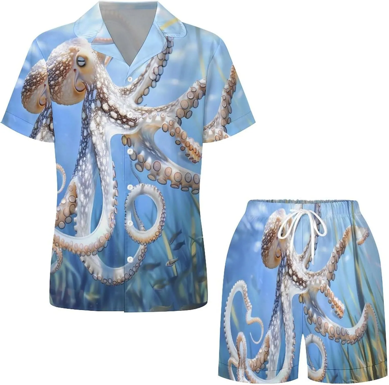 Blue Octopus Ocean Octopus Women's Satin Pajama Set Short Sleeve Button Down Sleepwear Loungewear Pj Set