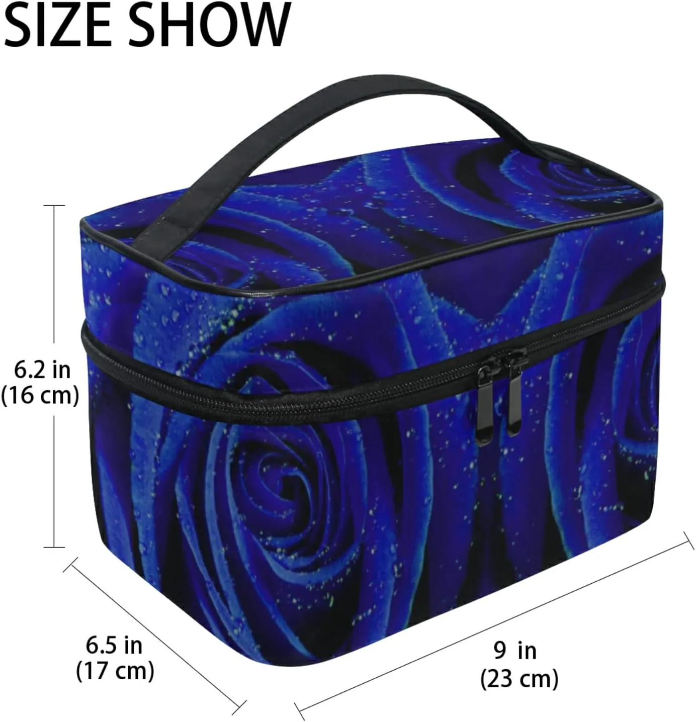 Blue Rose with Water Drops Texture Beauty Cosmetic with Zipper Brush Portable Storage Bag, Fashion printing Toiletry, Durable Travel Organizer Tote Unisex Gifts
