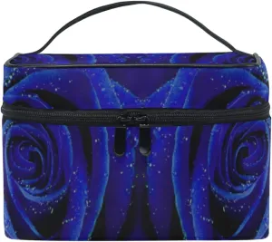 Blue Rose with Water Drops Texture Beauty Cosmetic with Zipper Brush Portable Storage Bag, Fashion printing Toiletry, Durable Travel Organizer Tote Unisex Gifts