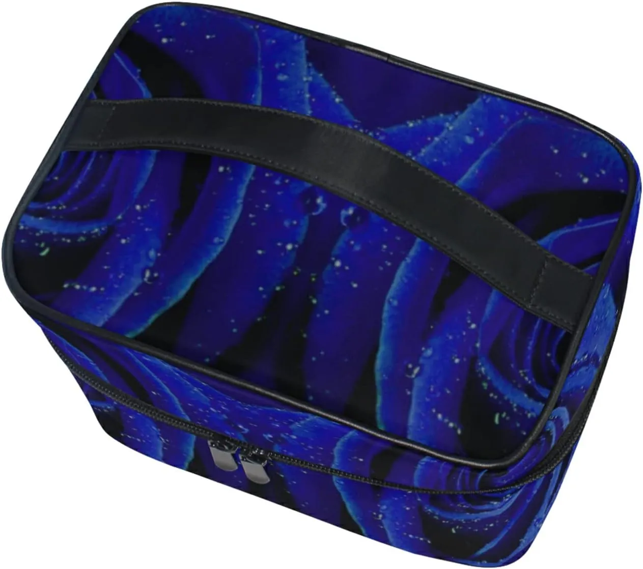 Blue Rose with Water Drops Texture Beauty Cosmetic with Zipper Brush Portable Storage Bag, Fashion printing Toiletry, Durable Travel Organizer Tote Unisex Gifts