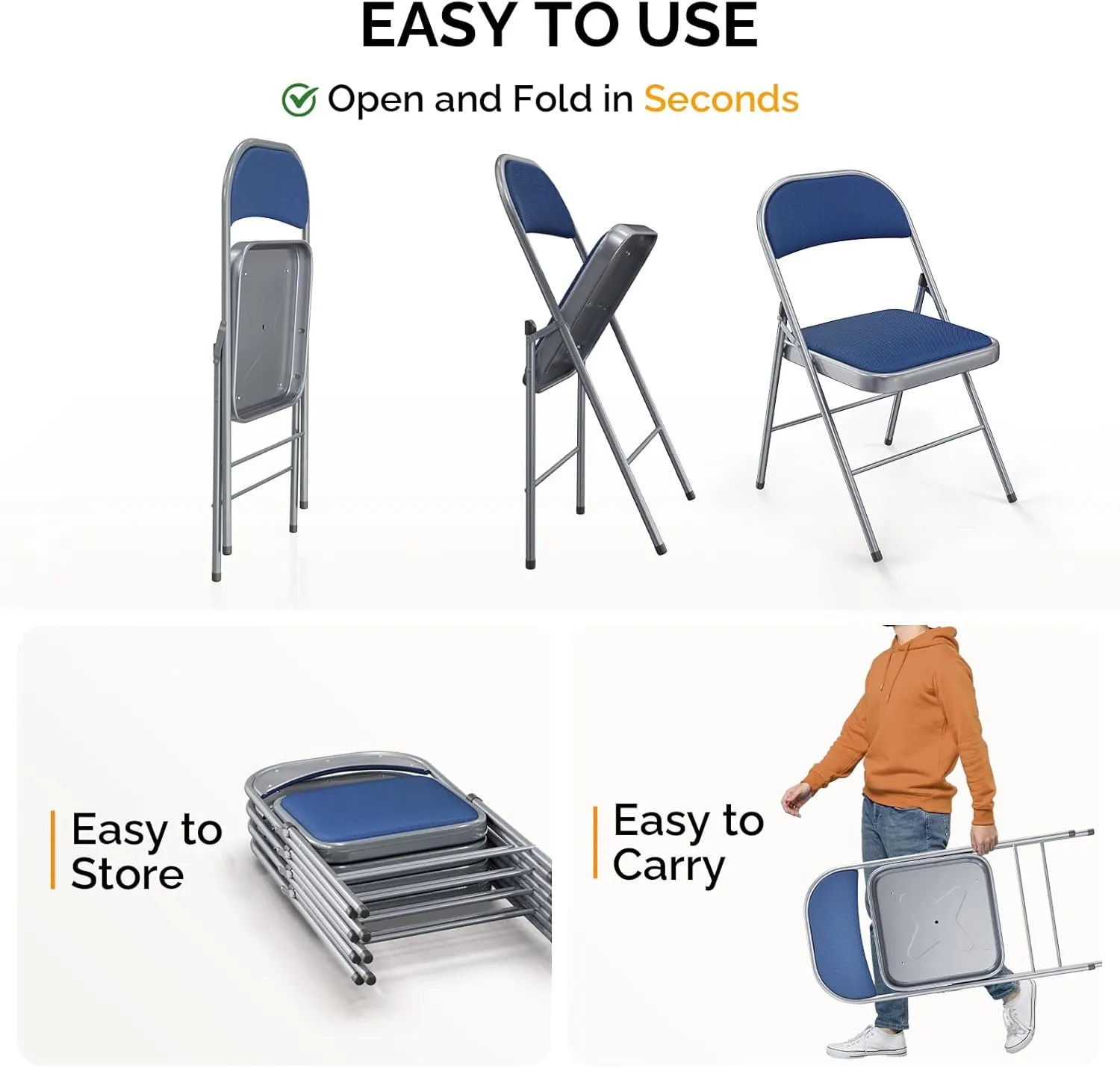 Bonnlo Folding Chair, Padded Folding Chairs with Cushion, Back and Steel Frame for Indoor Outdoor Outside Dinning Office Camping Use, Blue, 6 Pack