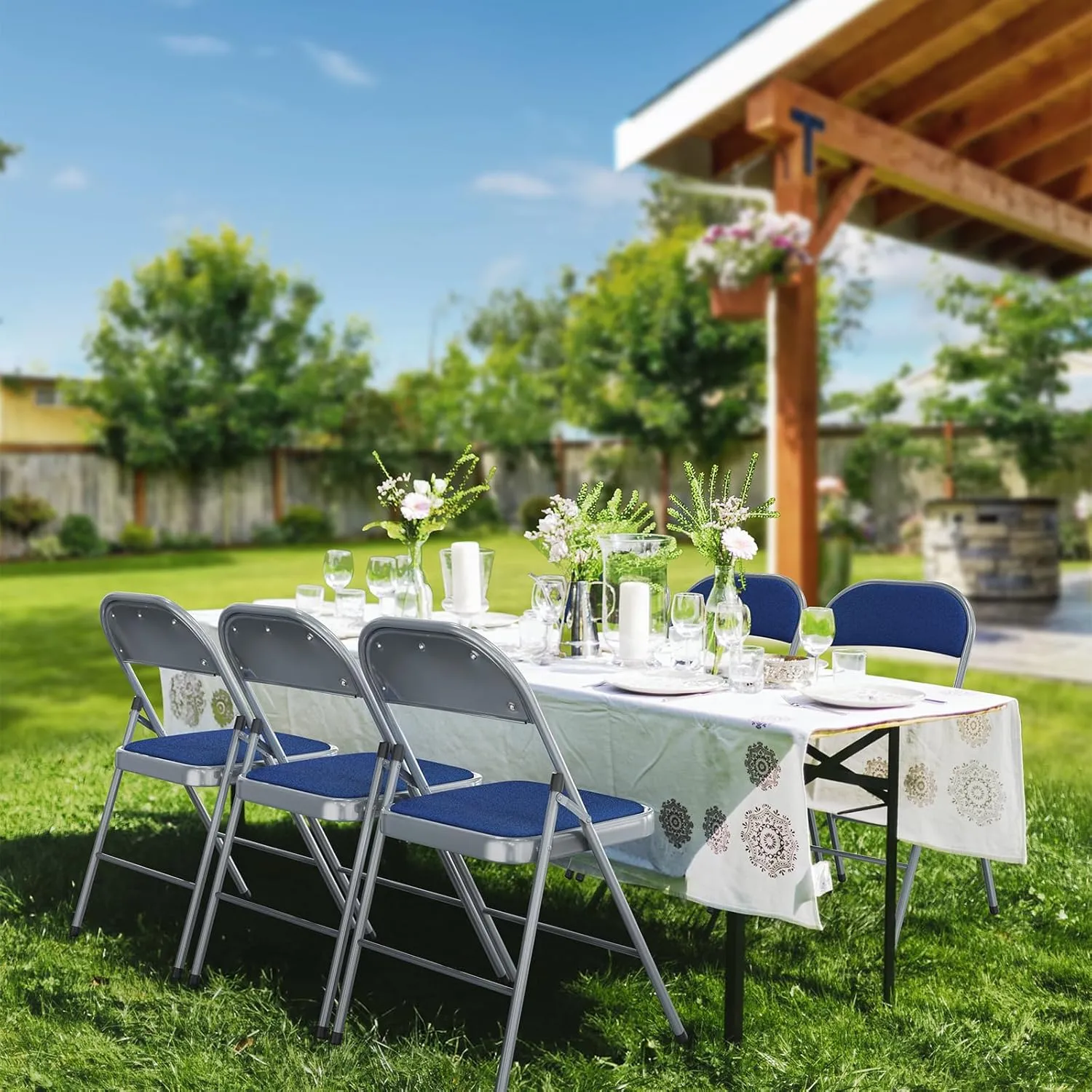 Bonnlo Folding Chair, Padded Folding Chairs with Cushion, Back and Steel Frame for Indoor Outdoor Outside Dinning Office Camping Use, Blue, 6 Pack