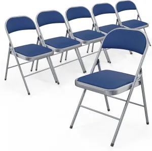Bonnlo Folding Chair, Padded Folding Chairs with Cushion, Back and Steel Frame for Indoor Outdoor Outside Dinning Office Camping Use, Blue, 6 Pack