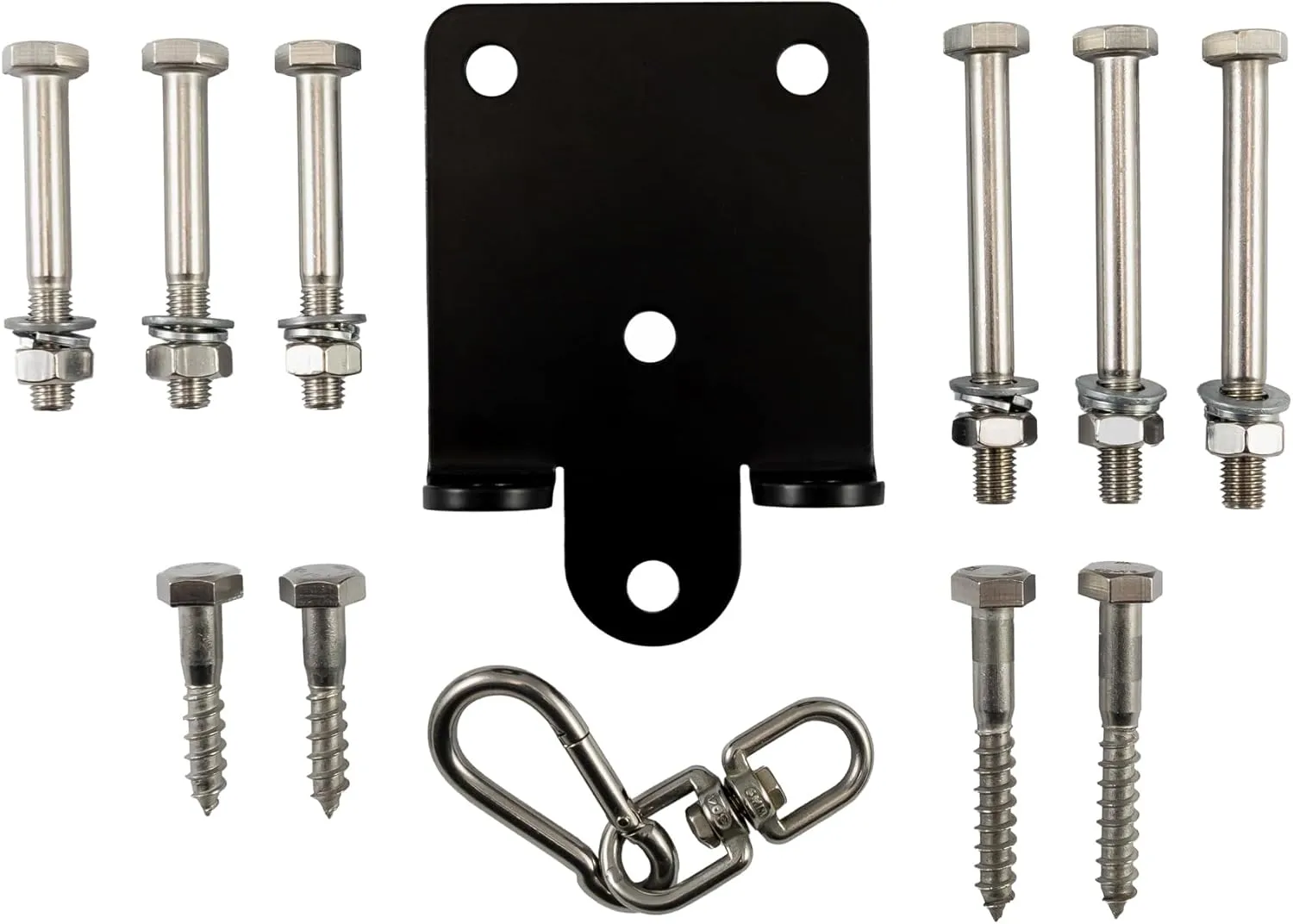 Boxing Bag Hanging Bracket Black Steel with Carabiner and Swivel Hook 5.5"x 4" with 3 x 3.9 Bolts 3 x 3.3 Bolts 2 x 3.3 Screws and 2 x 2.1 Plus Screws washers and Nuts