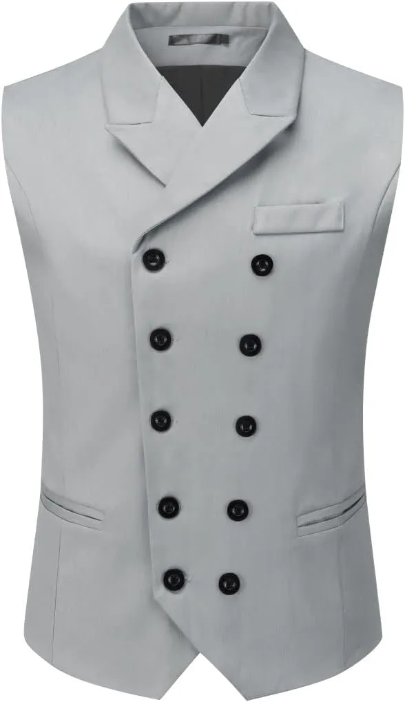 Boyland Men's Double Breasted Business Wedding Vests Dress Waistcoat 10 Buttons Closure V-Neck Suit Vest Slim Fit Plus Size