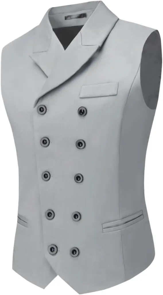 Boyland Men's Double Breasted Business Wedding Vests Dress Waistcoat 10 Buttons Closure V-Neck Suit Vest Slim Fit Plus Size