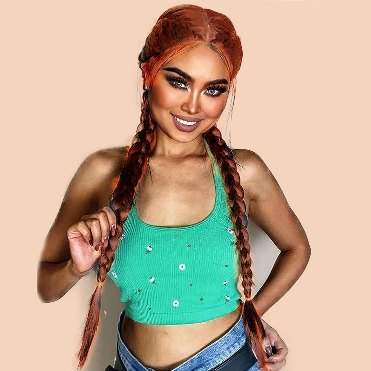 Braided Wig Double Lace Front Braided Wig Long Ginger Box Braids Lace Braiding Wigs Pre Plucked Glueless Synthetic Heat Resistant Fiber Hair 22 Inch Cosplay Braids Lace Wigs