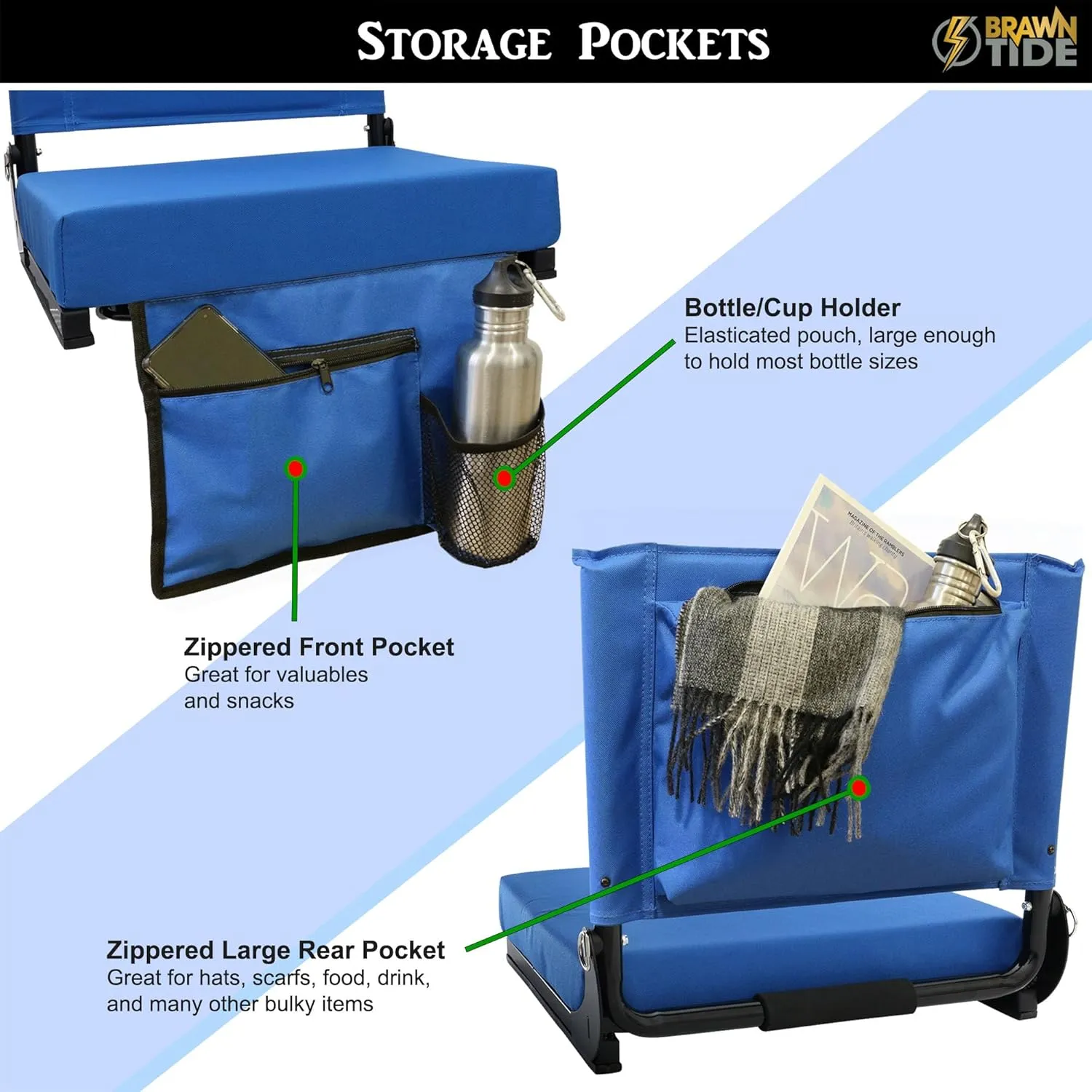 BRAWNTIDE Wide Stadium Seat - Extra Thick Cushion, Great Back Support, Lightweight Chair, Multiple Storage Pockets, Compact, Ideal for Sporting Events
