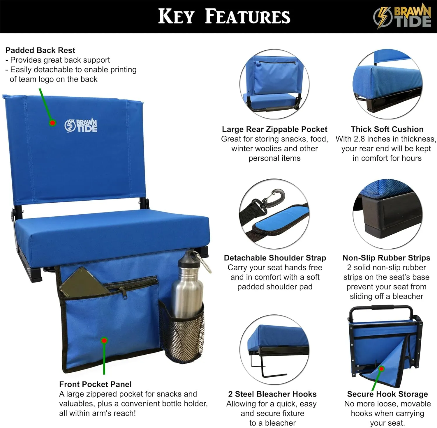 BRAWNTIDE Wide Stadium Seat - Extra Thick Cushion, Great Back Support, Lightweight Chair, Multiple Storage Pockets, Compact, Ideal for Sporting Events