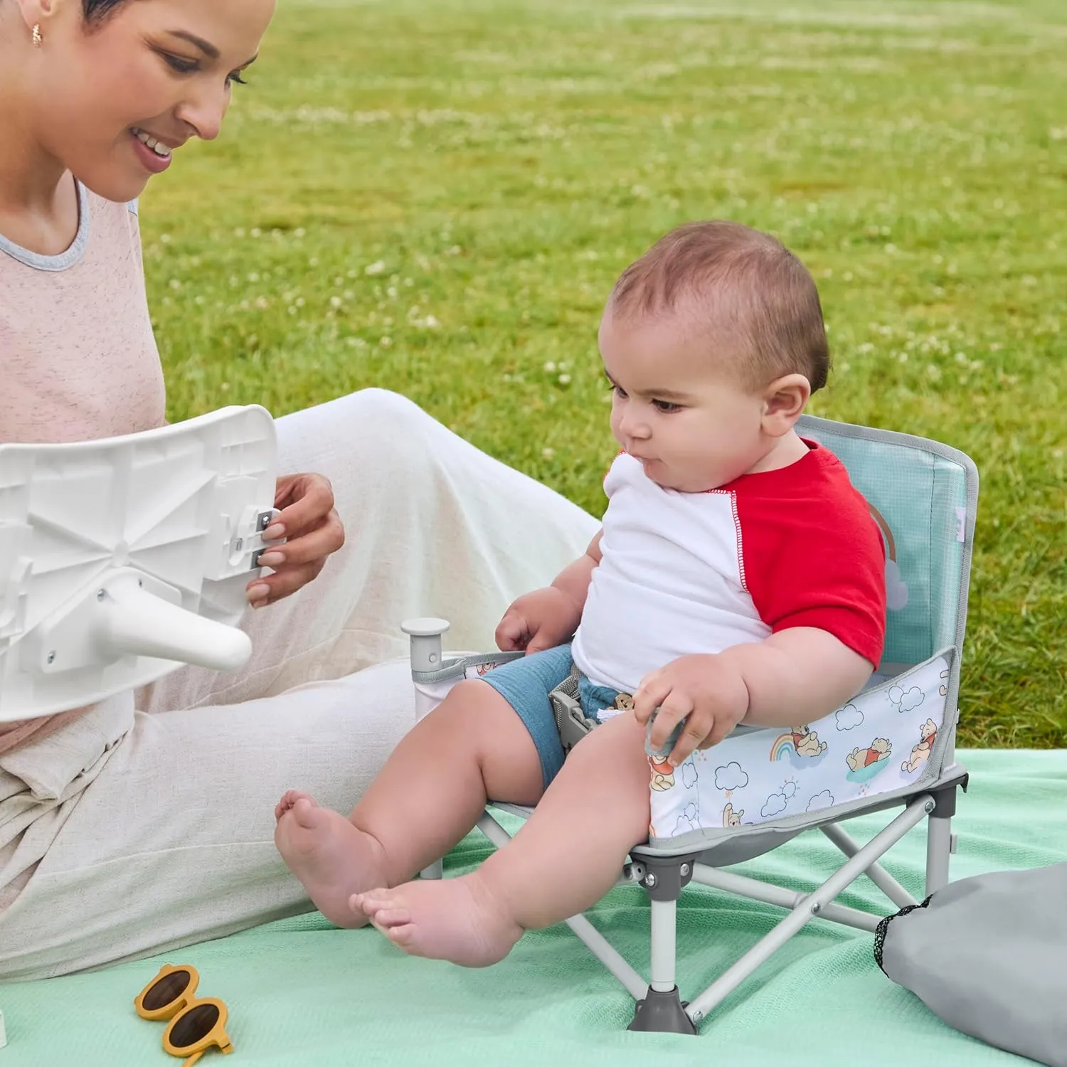 Bright Starts Disney Winnie The Pooh Pop 'N Sit Portable Booster, Indoor/Outdoor Use, Floor Seat with Feeding Tray, 6 Mos - 3 Yrs