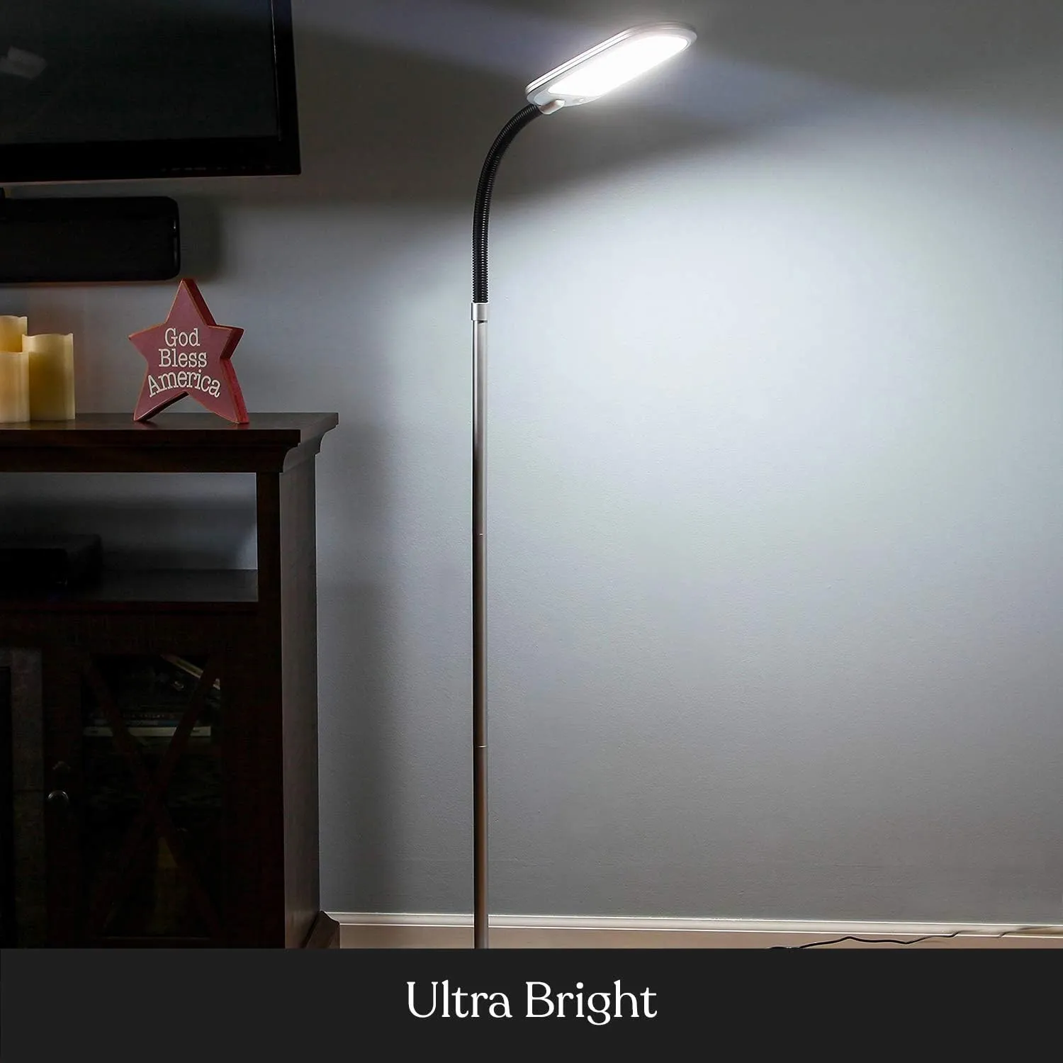 Brightech Litespan Slim LED Floor Reading Lamp with Adjustable Gooseneck for Living Rooms & Offices, Dimmable Standing Lamp for Bedroom - Silver