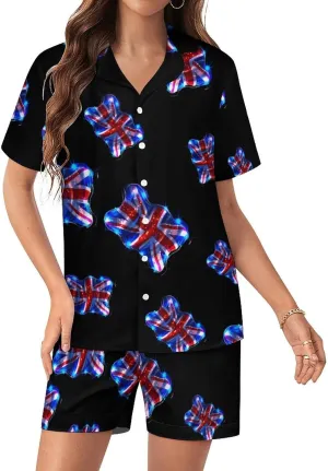 British UK Flag Women's Satin Pajama Set Short Sleeve Button Down Sleepwear Loungewear Pj Set