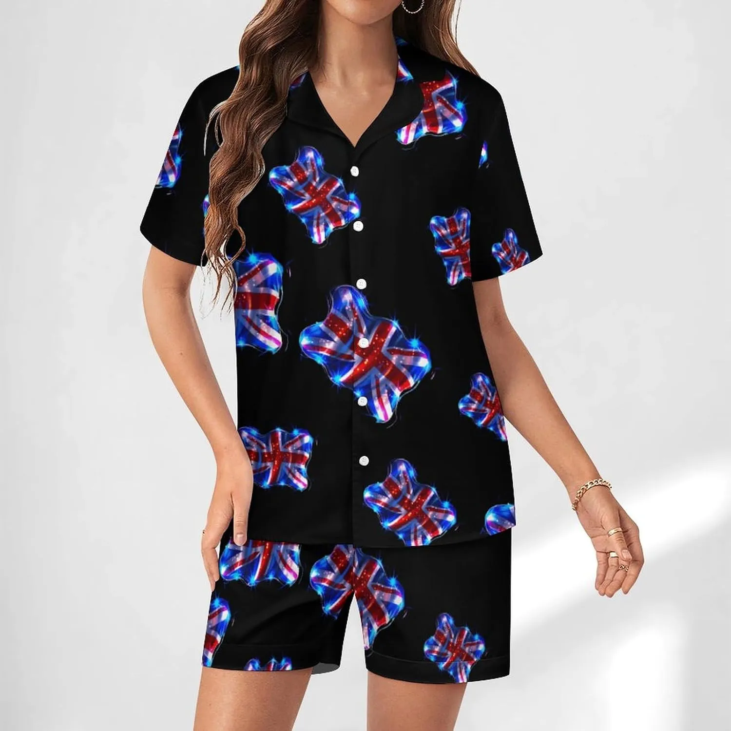 British UK Flag Women's Satin Pajama Set Short Sleeve Button Down Sleepwear Loungewear Pj Set