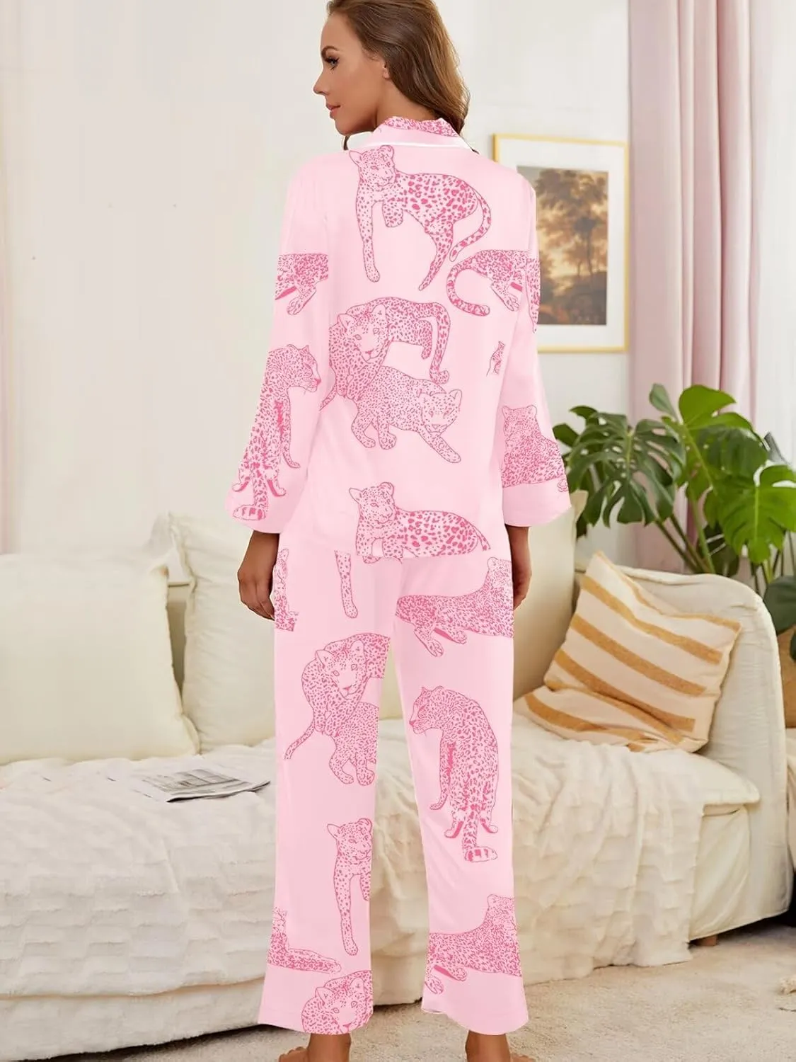 Brosloth Womens Silk Pajamas Long Sleeve Button Down Animal Print Cute Pjs Set Satin Pajama Set Sleepwear