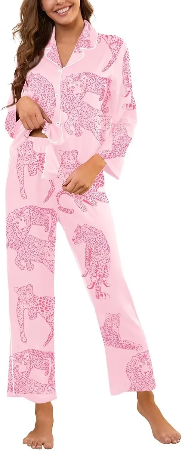Brosloth Womens Silk Pajamas Long Sleeve Button Down Animal Print Cute Pjs Set Satin Pajama Set Sleepwear